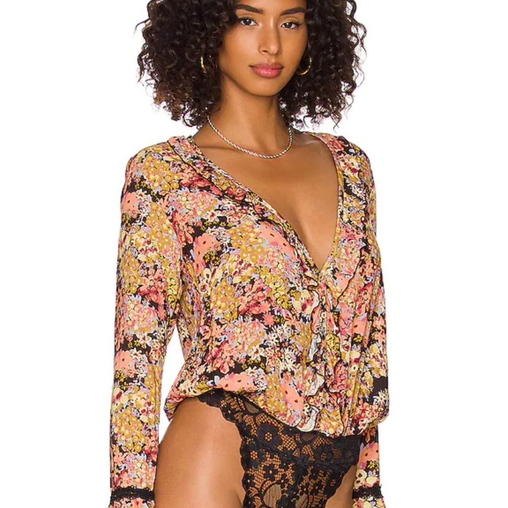 Free People Floral V-Neck Bodysuit - Pink and Yellow